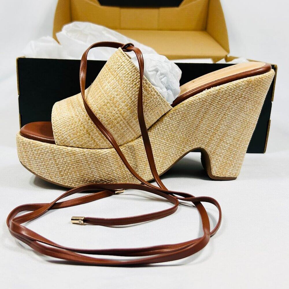 NWT/NIB SHOEDAZZLE Akari Tan Faux-Raffia/Jute Platform Wedge Sandal Tie Straps 8